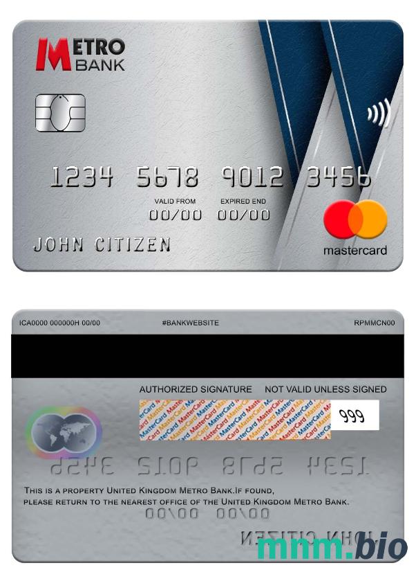 United Kingdom Metro Bank przykład karty mastercard w formacie PSD